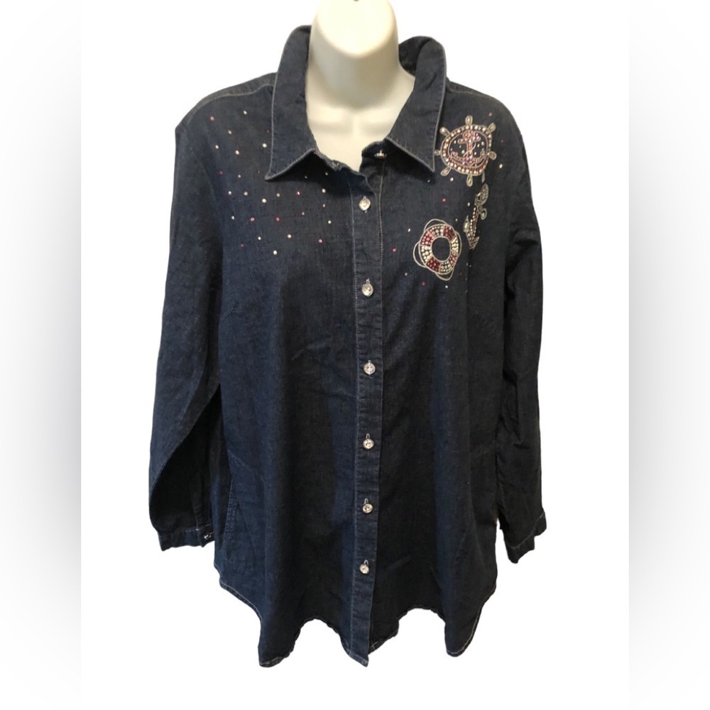 Quacker Factory Anchors Away Woven Shirt Sz. XL Denim Blue Cotton Stretch